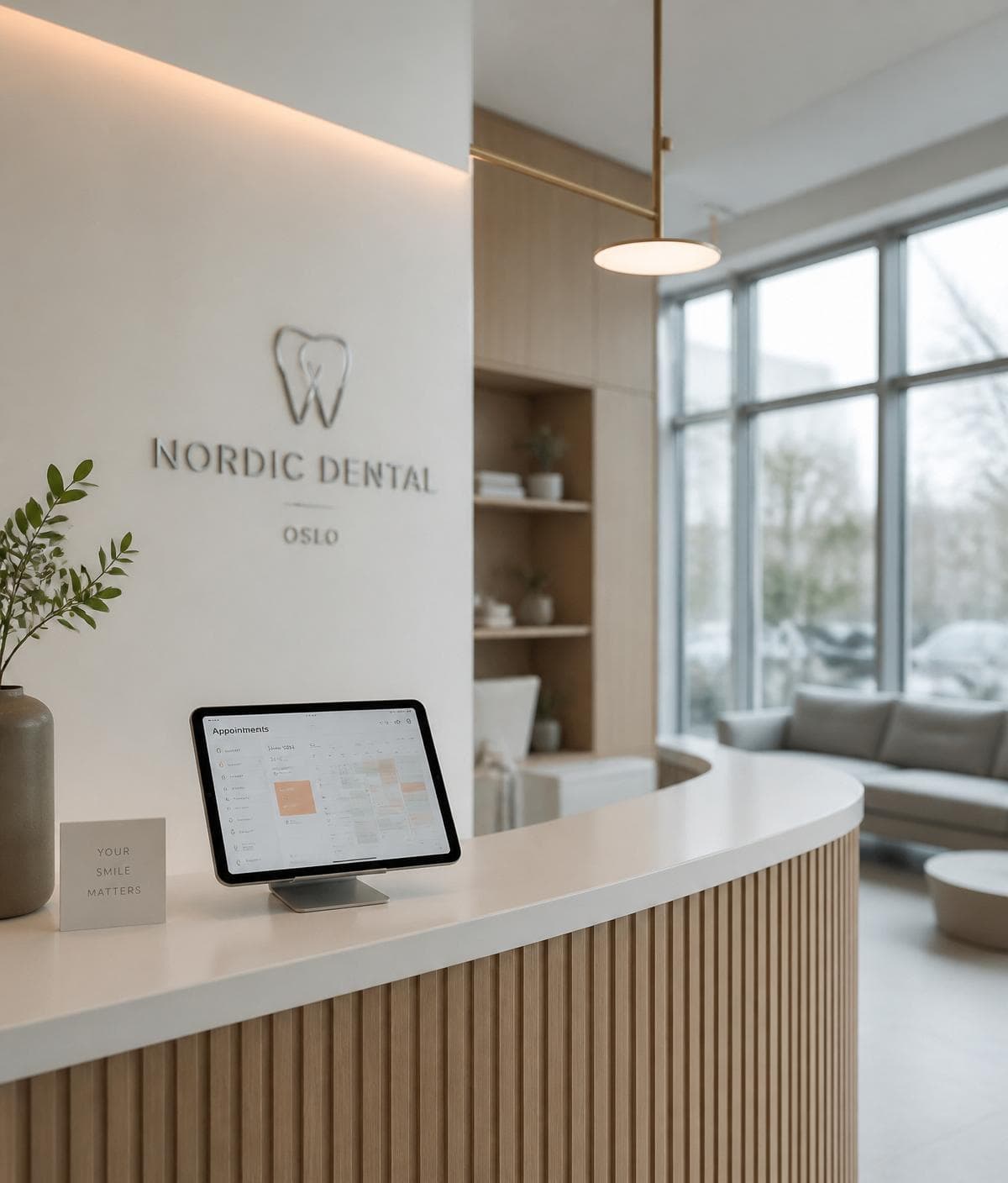 Recepción de clínica dental con panel de IA para gestión de citas